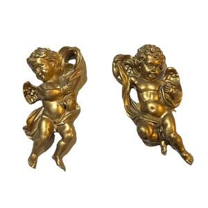Vintage Pair 11" Rococo Bronze Cherub Angel Wall Sculptures Hollywood Regency